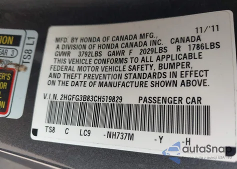 2012 Honda Civic Ex из США, поврежденный, VIN 2HGFG3B83CH519829